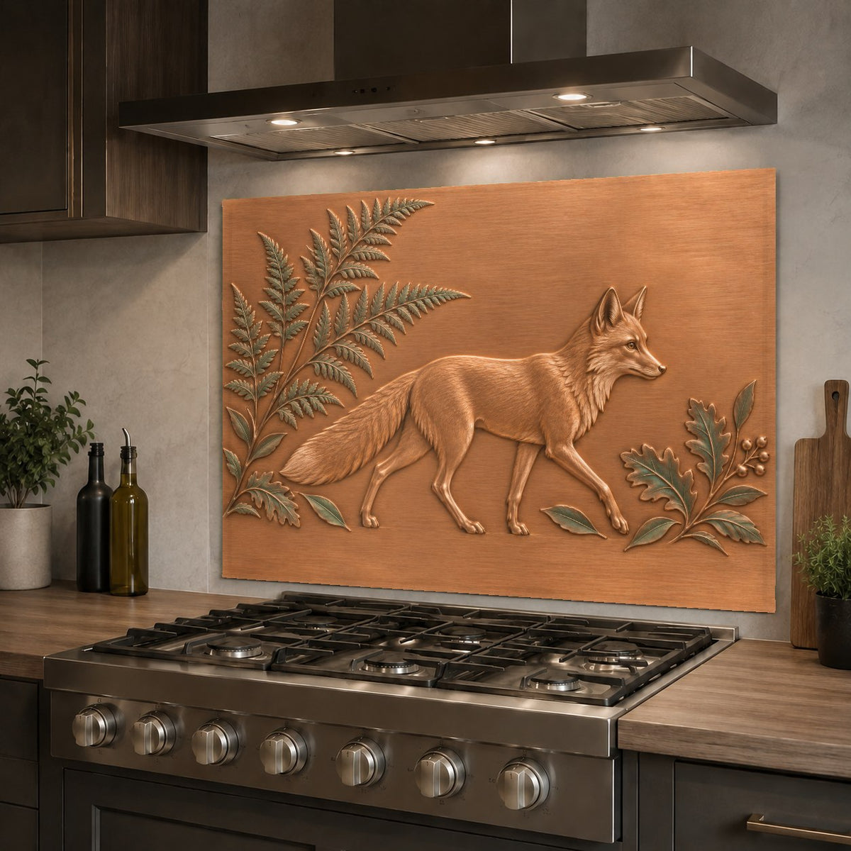 Stunning rustic kitchen island featuring a custom-sized Fern Fox tempered glass backsplash panel.