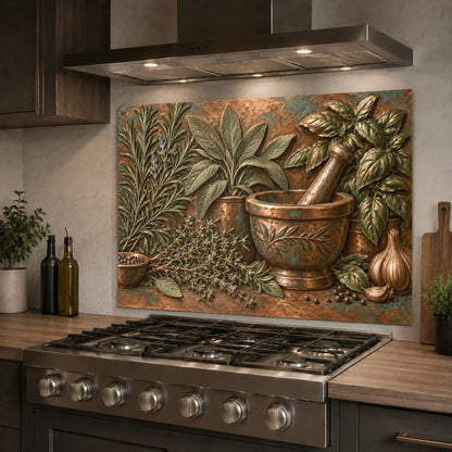 Tempered glass kitchen backsplash featuring herbs behind a slide-in range