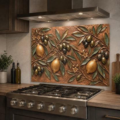 Tempered glass kitchen backsplash featuring fresh lemons and olives behind a range hood
