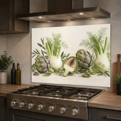 Tempered glass kitchen backsplash with artichoke and fennel behind a gas range