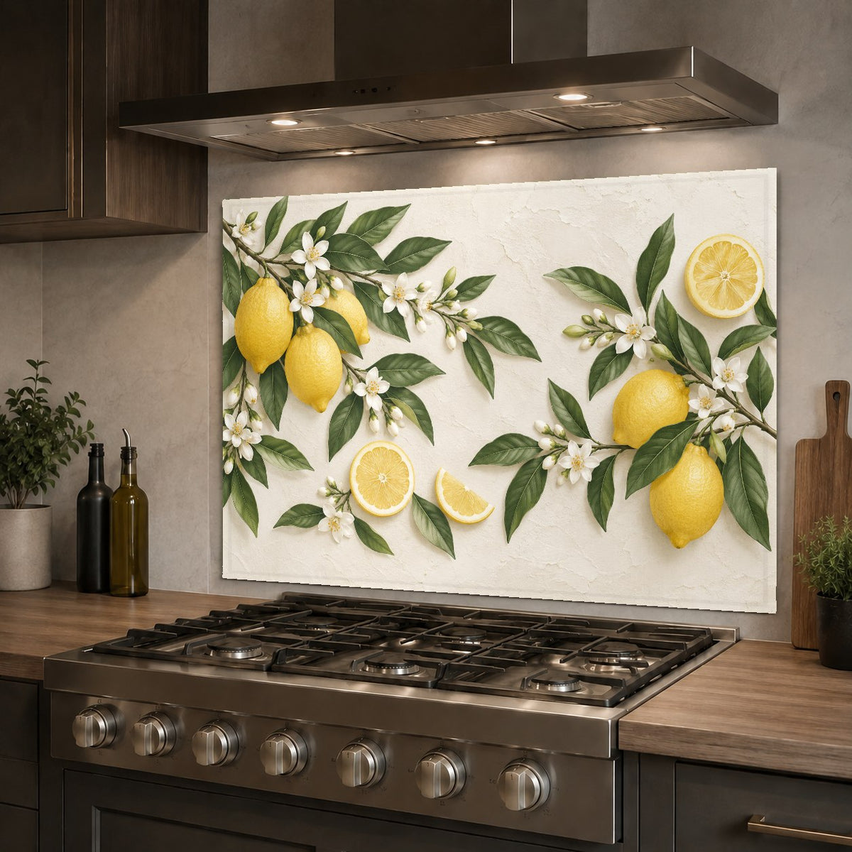 Lemon fruit glass kitchen backsplash installed behind a stainless steel range