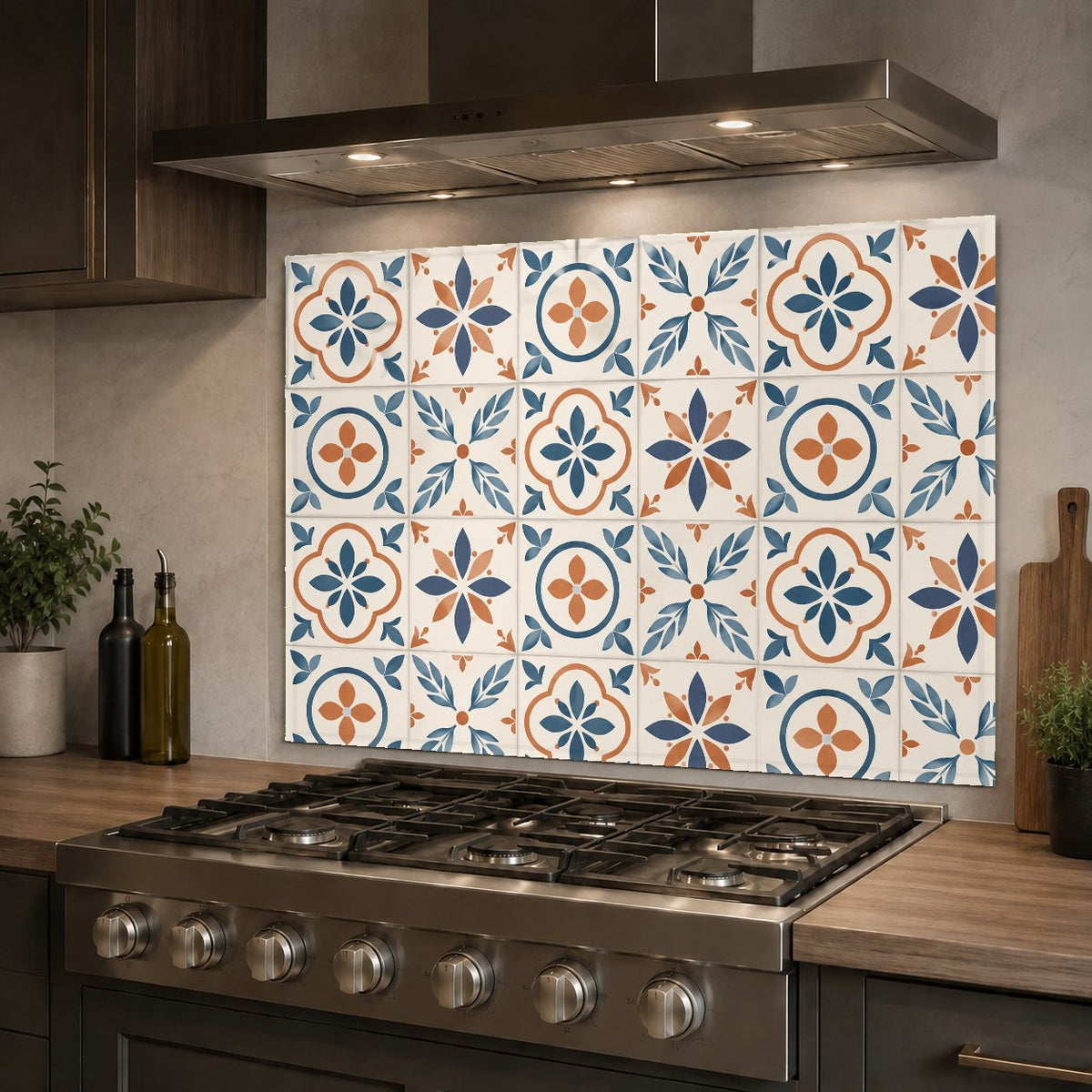 Mediterranean style glass backsplash accenting a modern kitchen island