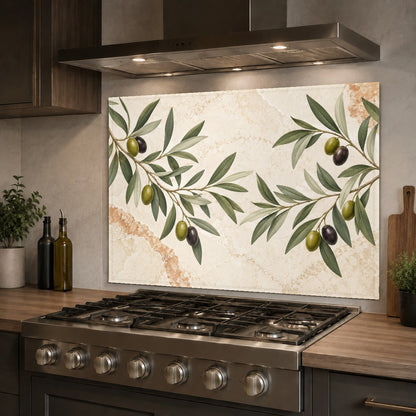 Close-up view of olive branch tempered glass backsplash glossy surface and vibrant print