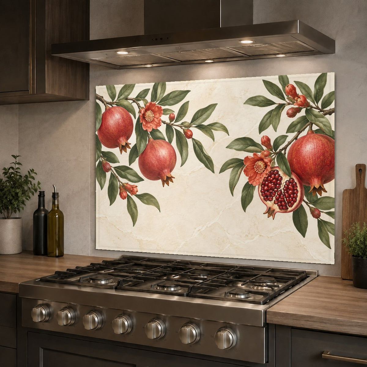 Tempered glass kitchen backsplash protecting the wall behind a sleek range