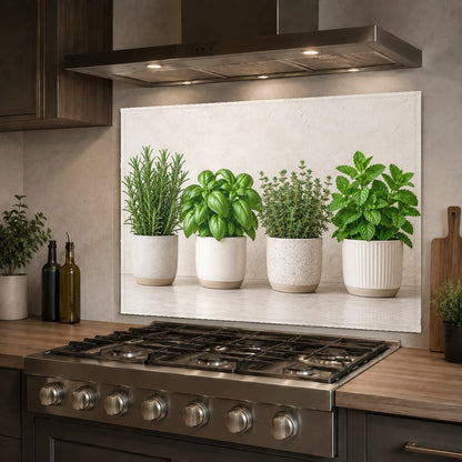 Green herb kitchen glass panel installed behind a farmhouse stove