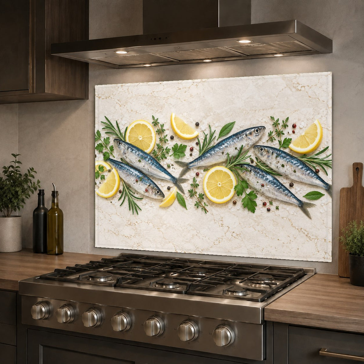 Close-up of the glossy sardine lemon kitchen glass backsplash showing vibrant UV-printed colors