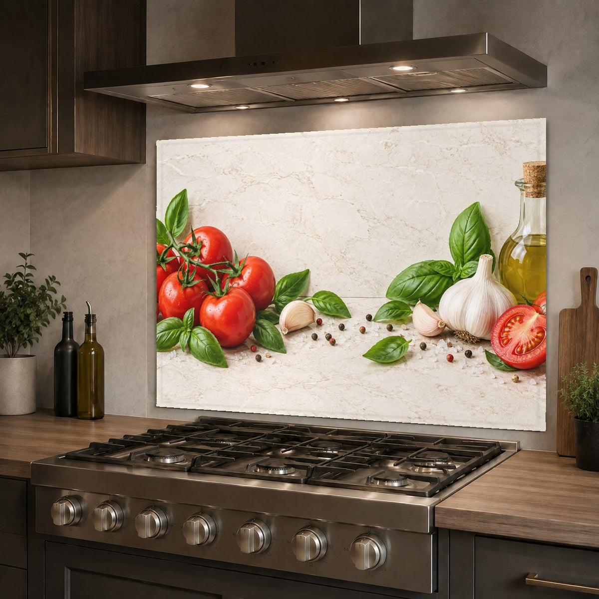 Vibrant tomato basil food kitchen backsplash protecting a meal prep wall