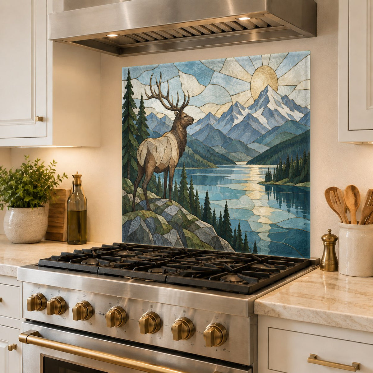 Stunning mountain and river elk design glass backsplash guard protecting a kitchen wall behind the stove.