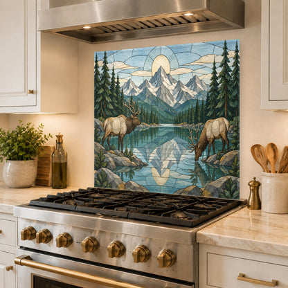 Close-up of heat-resistant deer mountain river kitchen backsplash panel behind a high-BTU gas burner stove.