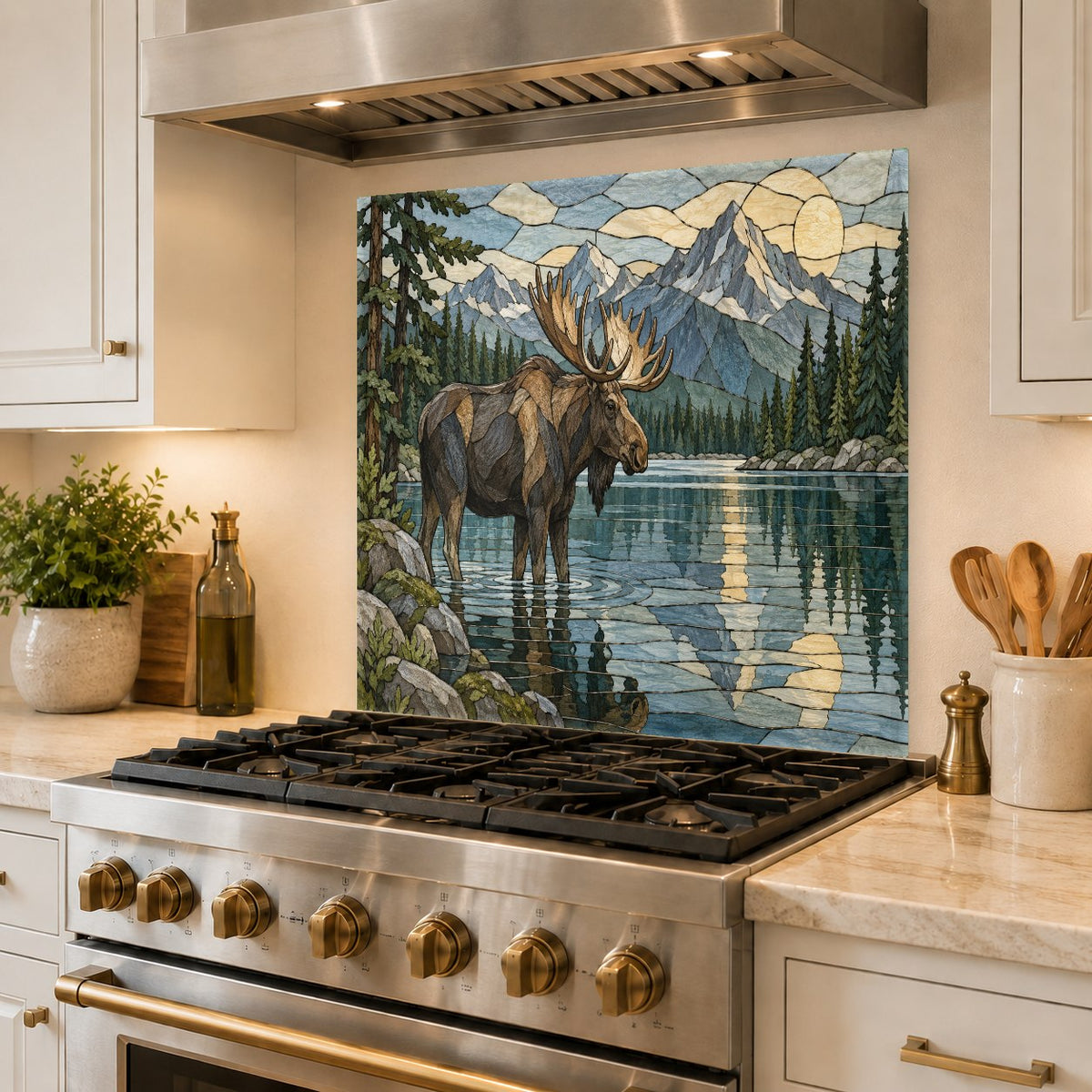 Elk Mountain River tempered glass backsplash highlighting a rustic kitchen island