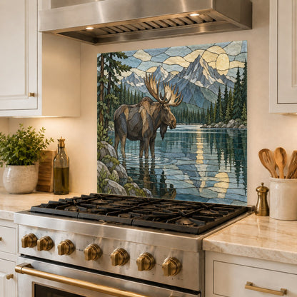 Elk Mountain River tempered glass backsplash highlighting a rustic kitchen island