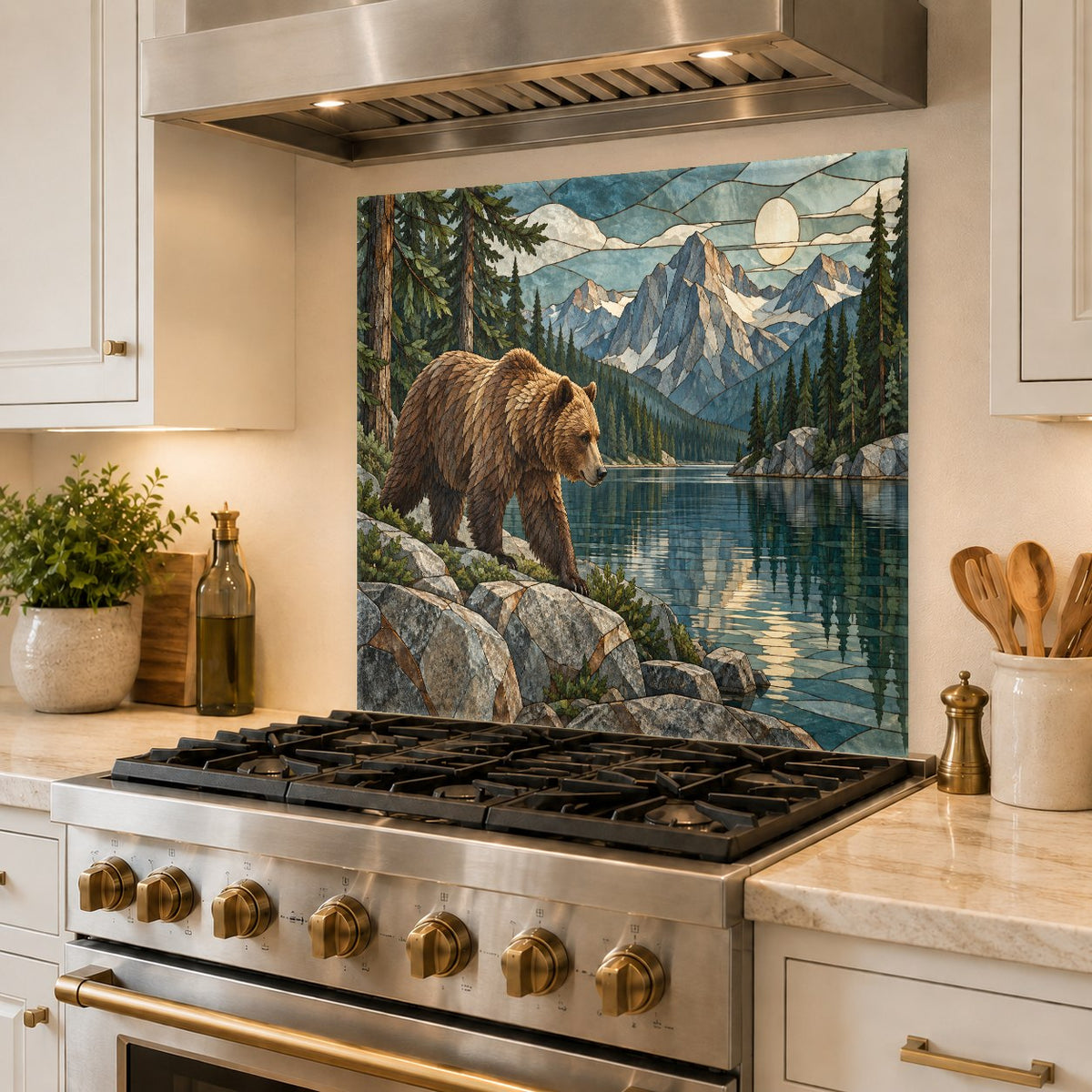 Woodland bear themed tempered glass backsplash in a rustic modern kitchen bar area with custom wooden shelves.