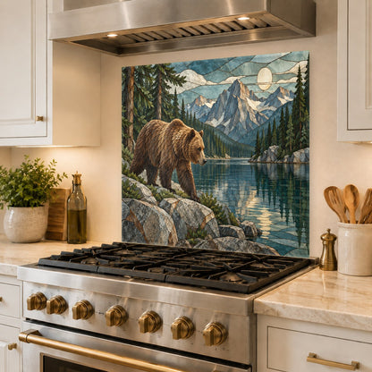 Woodland bear themed tempered glass backsplash in a rustic modern kitchen bar area with custom wooden shelves.