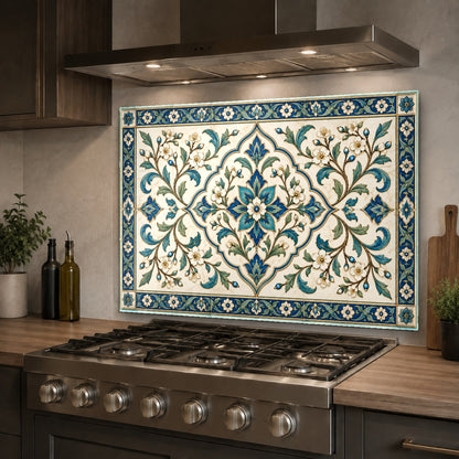 Stunning kitchen glass backsplash featuring a modern geometric tile pattern behind a matte black kitchen sink faucet.
