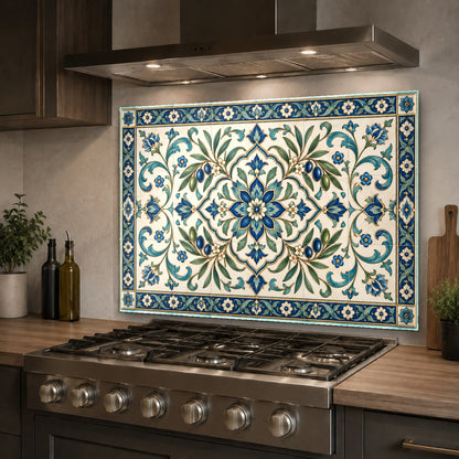Rustic tile look glass backsplash mounted behind a farmhouse kitchen sink