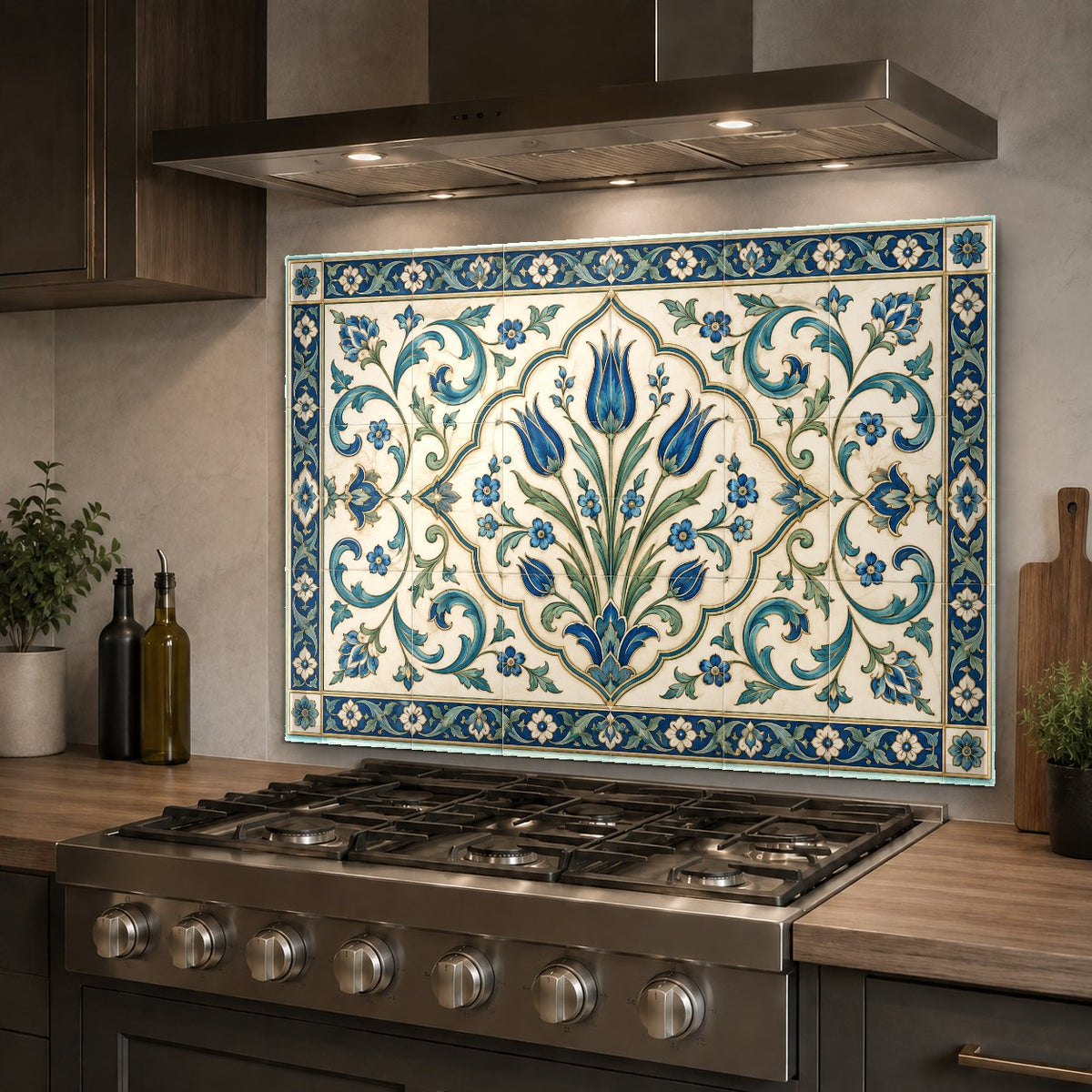 Tempered glass kitchen backsplash featuring traditional tile patterns behind a prep sink