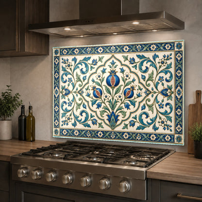 Detail shot of the heat-resistant Serene Grove glass backsplash panel highlighting its smooth glossy finish.