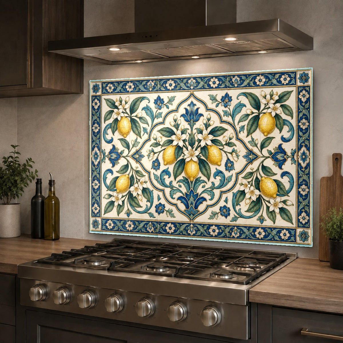 Lemon fruit glass kitchen backsplash behind a kitchen island range