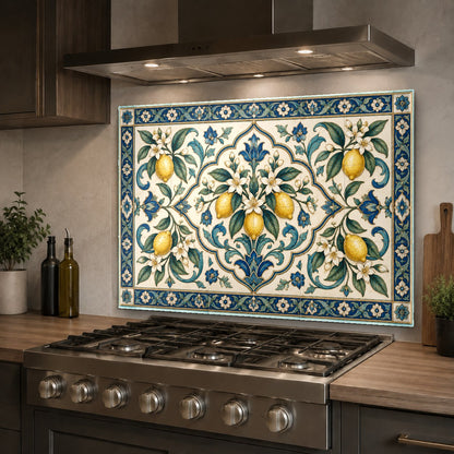 Lemon fruit glass kitchen backsplash behind a kitchen island range