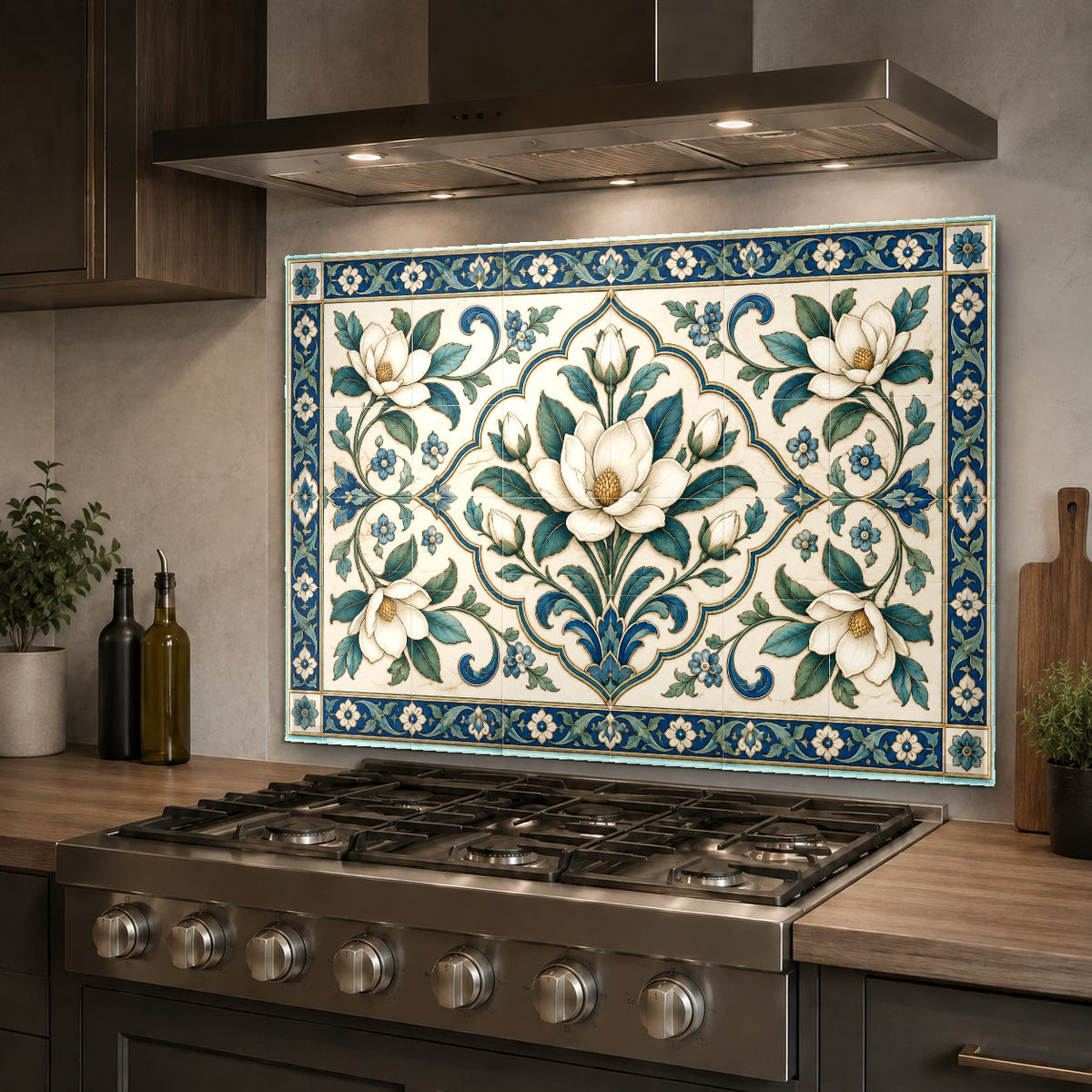 Tempered glass kitchen backsplash panel mounted on a white kitchen wall