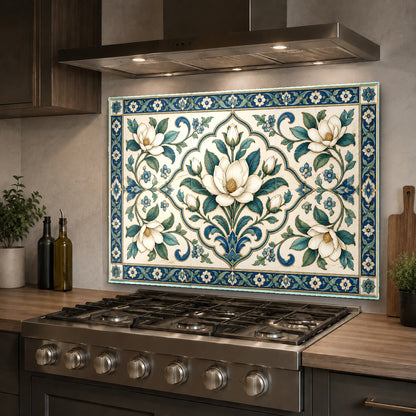 Tempered glass kitchen backsplash panel mounted on a white kitchen wall