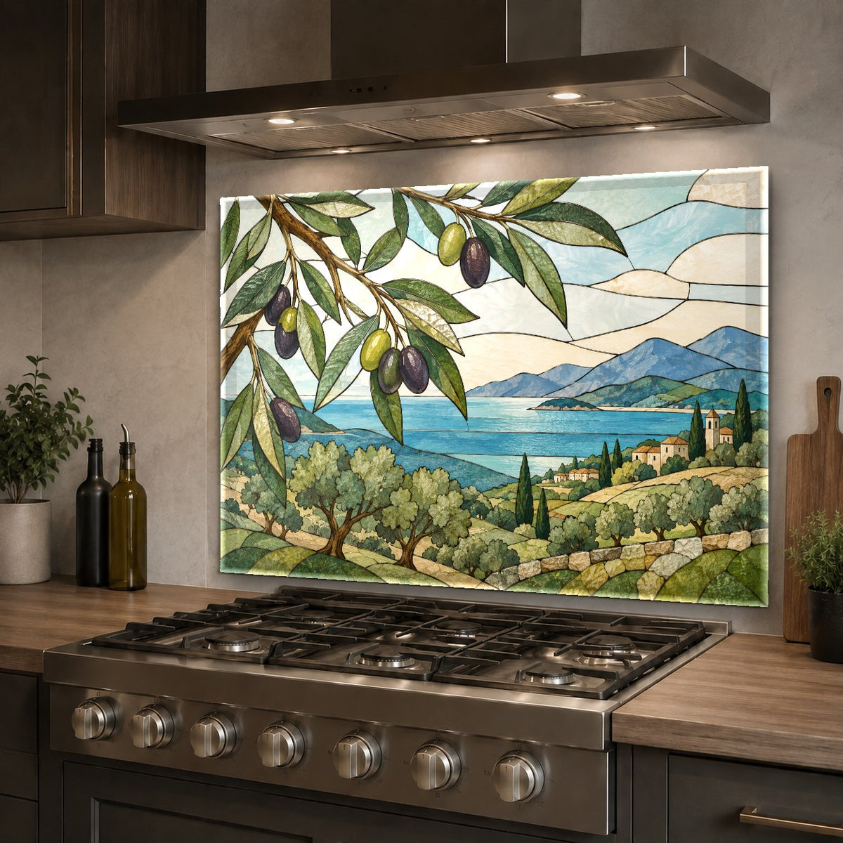 Nature-inspired tempered glass backsplash in a contemporary kitchen island setup