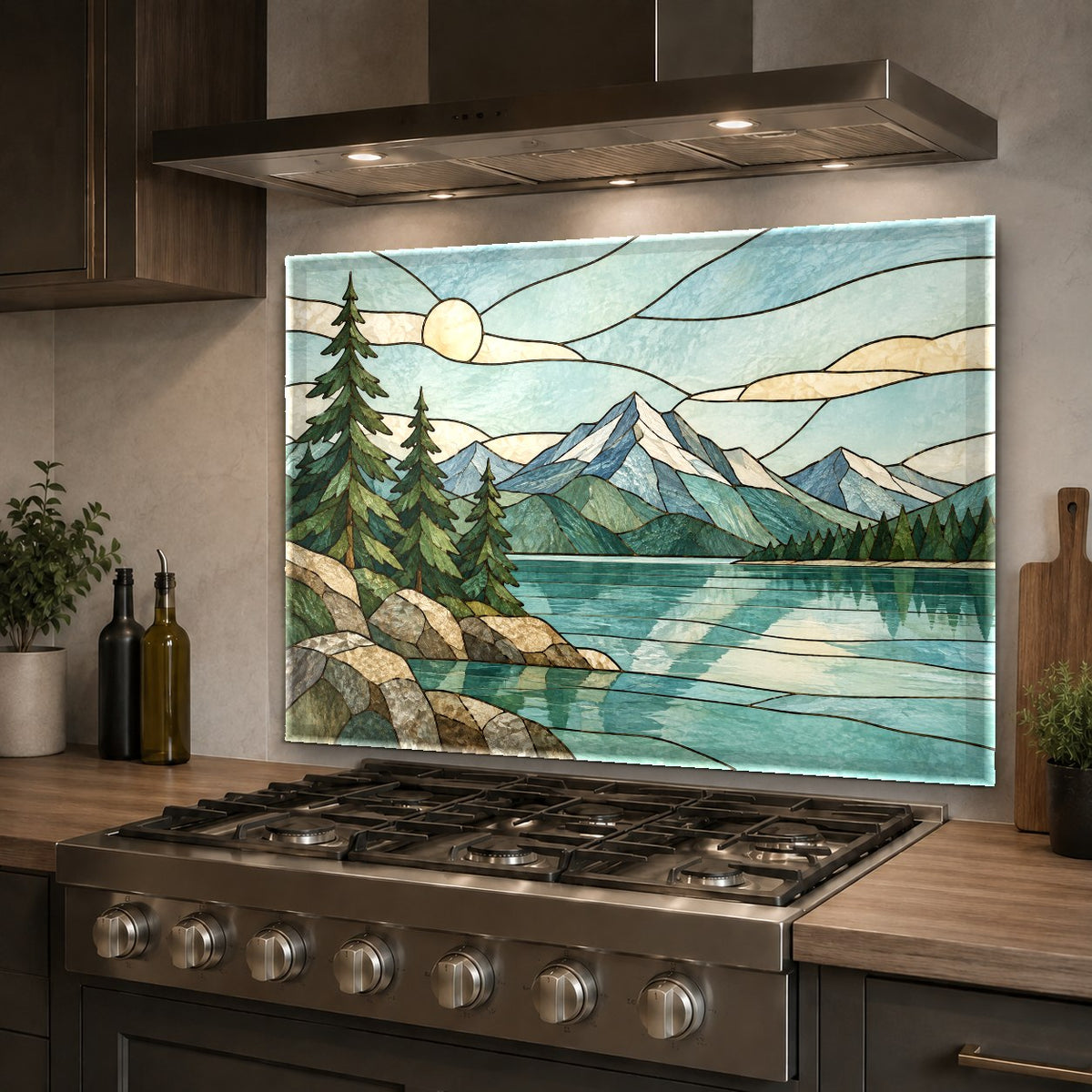 Tempered glass lake backsplash panel installed over a kitchen sink wall