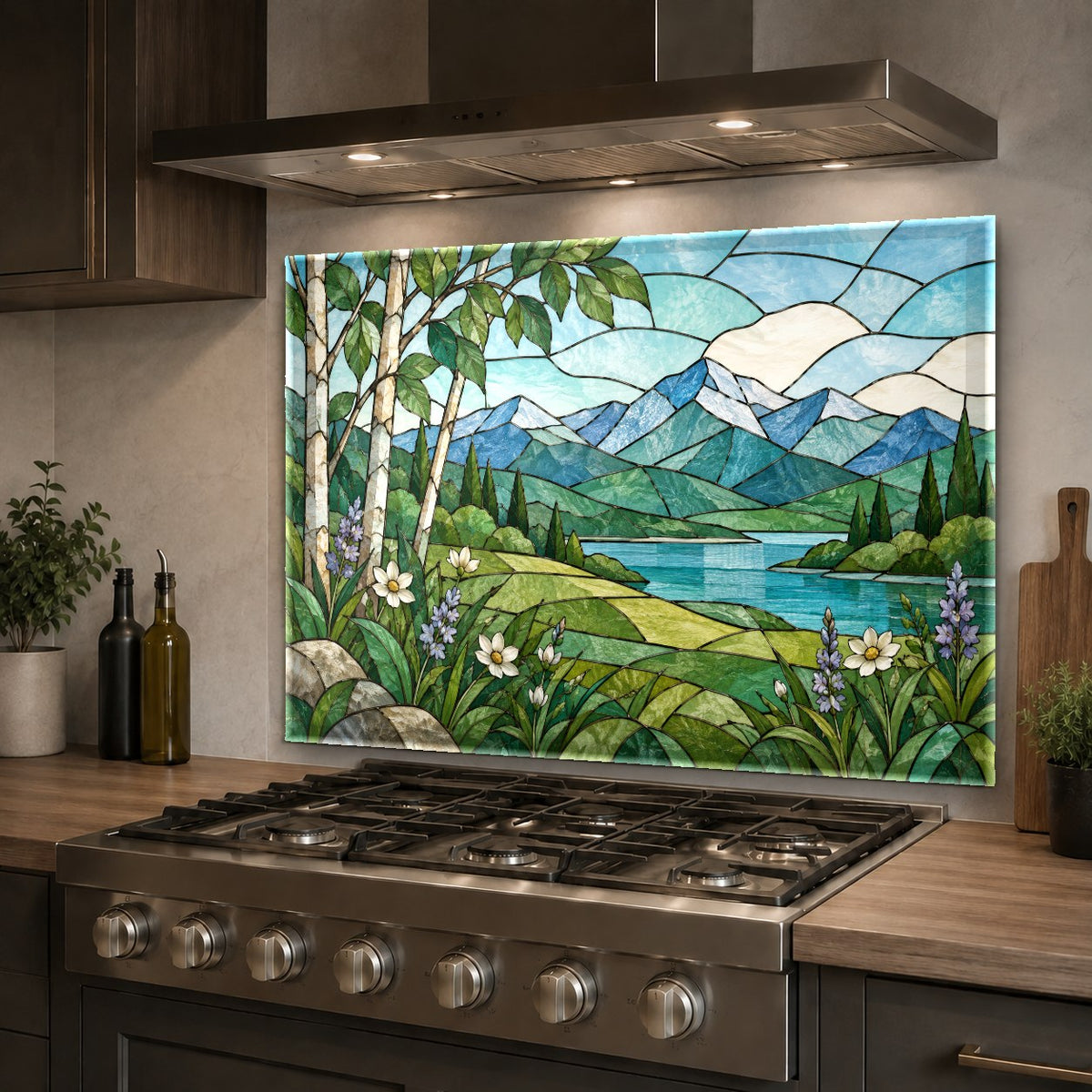 Stained glass look kitchen backsplash panel installed on a kitchen island wall