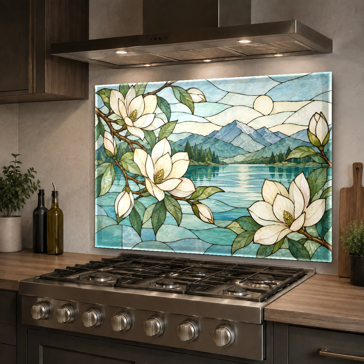 Magnolia Stained tempered glass backsplash panel mounted in a contemporary kitchen