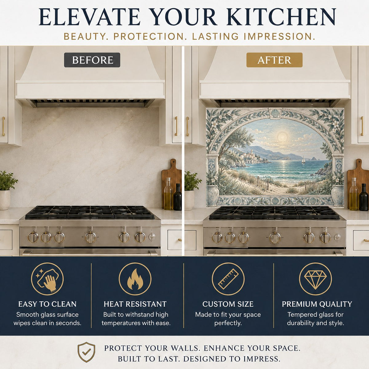 Beachhouse style coastal glass backsplash protecting the kitchen wall behind a stainless steel stove.