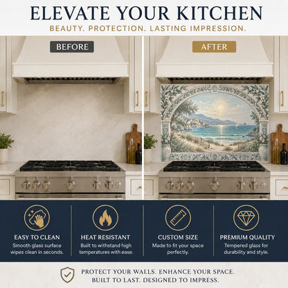 Beachhouse style coastal glass backsplash protecting the kitchen wall behind a stainless steel stove.