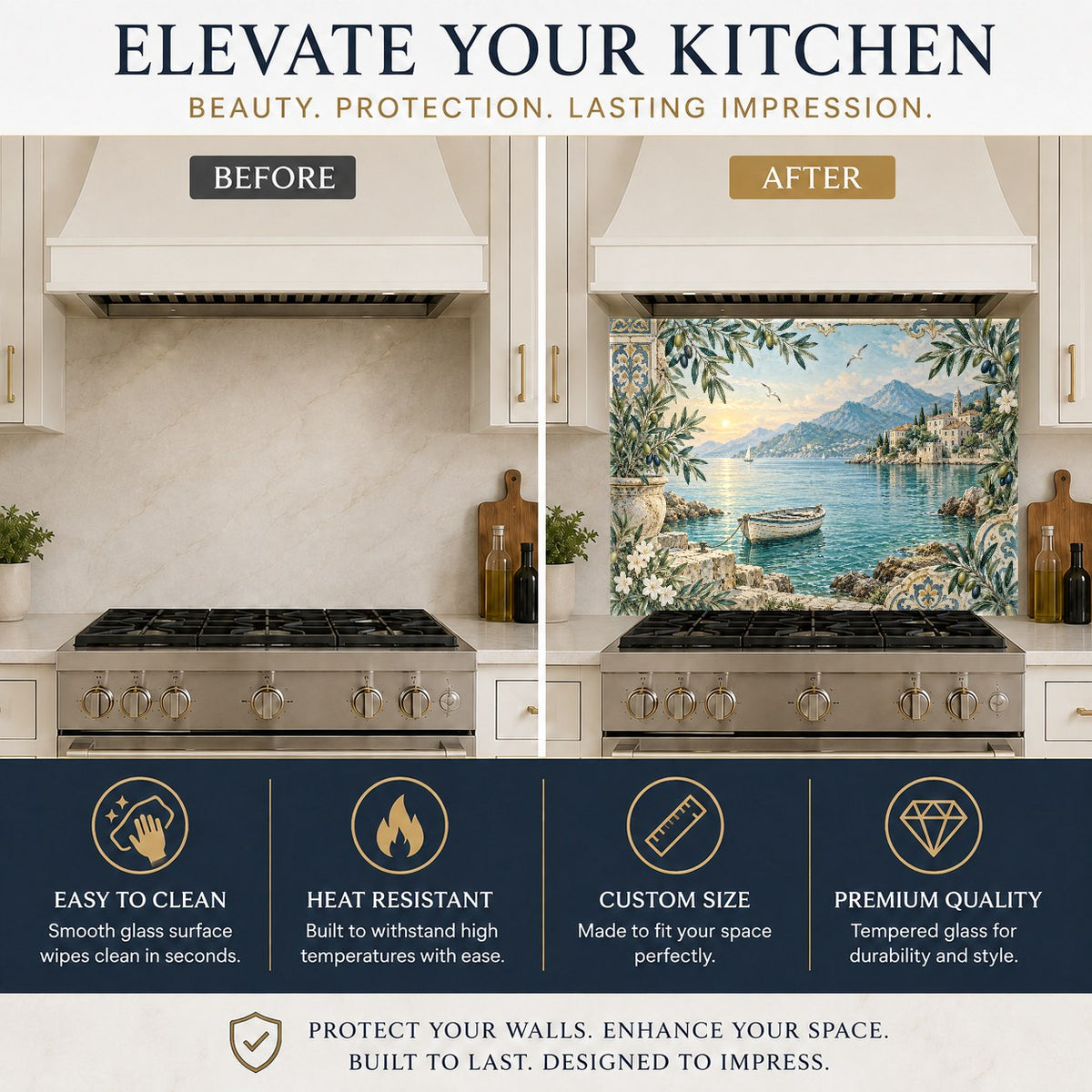 Nautical harbor rowboat design glass stove guard panel in a bright, modern white kitchen.