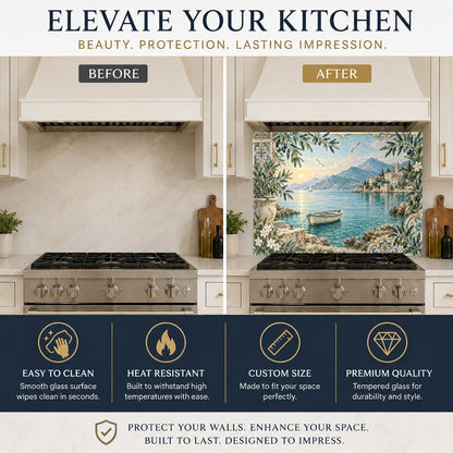 Nautical harbor rowboat design glass stove guard panel in a bright, modern white kitchen.