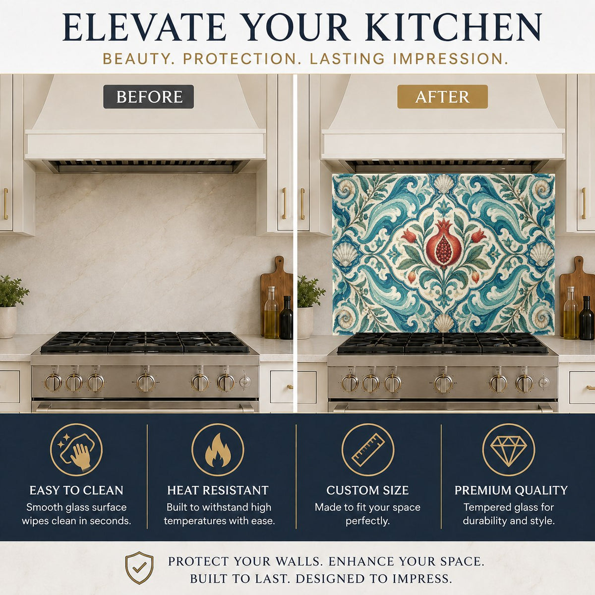 Vibrant red pomegranate waves glass backsplash protecting a kitchen sink wall