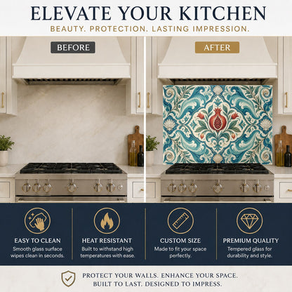 Vibrant red pomegranate waves glass backsplash protecting a kitchen sink wall