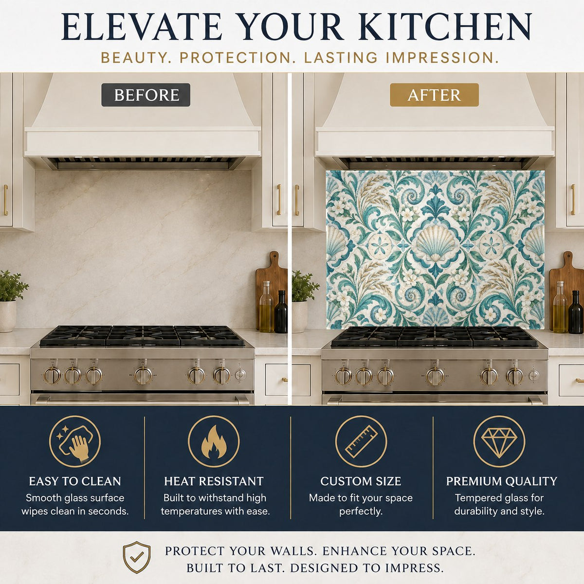 Coastal style kitchen featuring a seashell damask glass backsplash behind the main cooking area.
