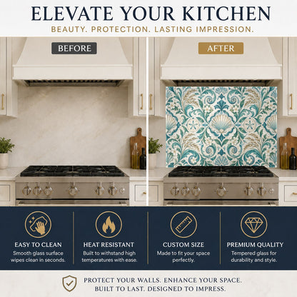 Coastal style kitchen featuring a seashell damask glass backsplash behind the main cooking area.