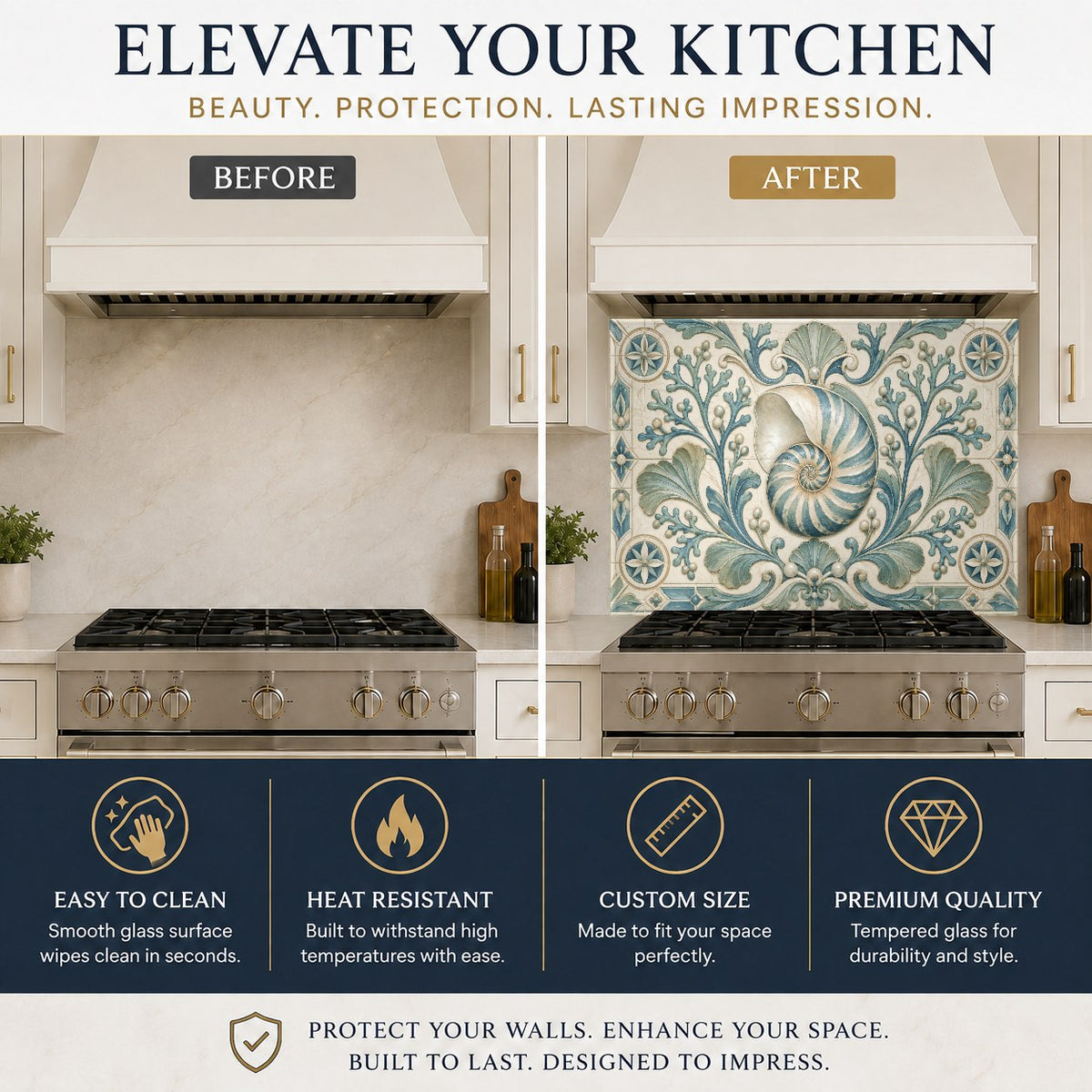 Heat-resistant glass stove splash guard with nautilus relief texture in a cream-toned kitchen.