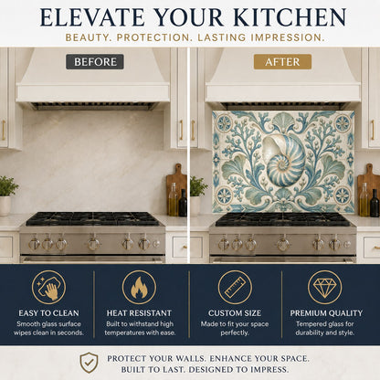 Heat-resistant glass stove splash guard with nautilus relief texture in a cream-toned kitchen.