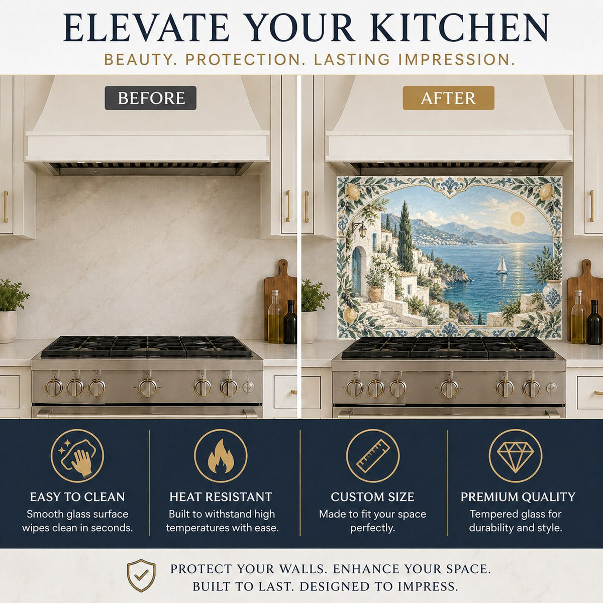 Mediterranean style glass kitchen backsplash featuring coastal archway design behind a stove.