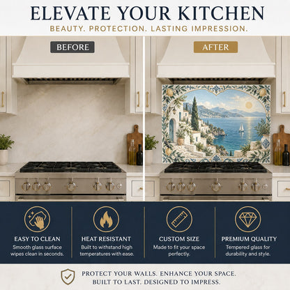 Mediterranean style glass kitchen backsplash featuring coastal archway design behind a stove.