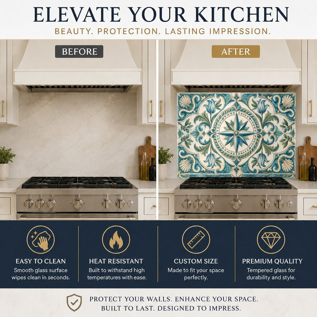 Coastal kitchen design featuring a compass rose glass backsplash panel installed above a white farmhouse sink.