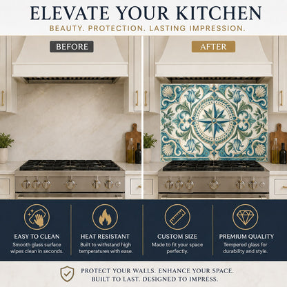 Coastal kitchen design featuring a compass rose glass backsplash panel installed above a white farmhouse sink.
