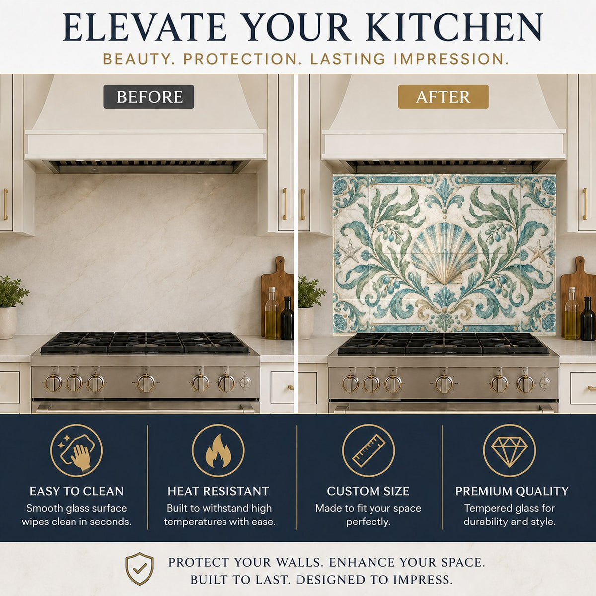 Luxury kitchen island featuring a custom scallop patterned glass backsplash panel