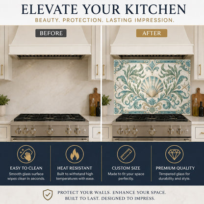 Luxury kitchen island featuring a custom scallop patterned glass backsplash panel