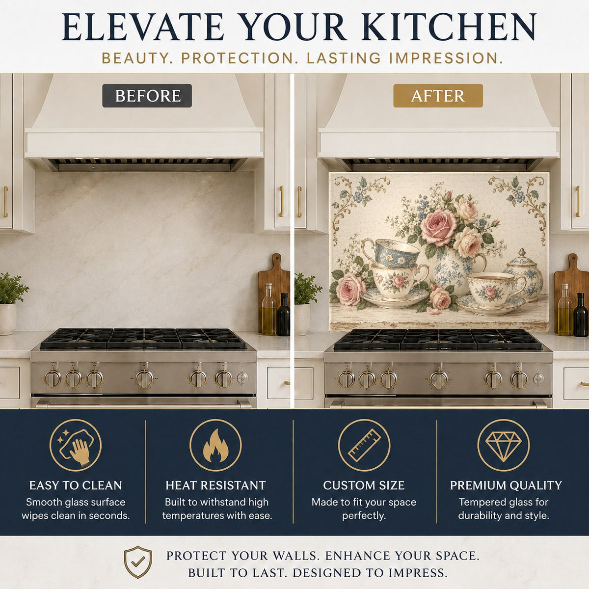 Tempered glass kitchen backsplash featuring vintage roses above the countertop