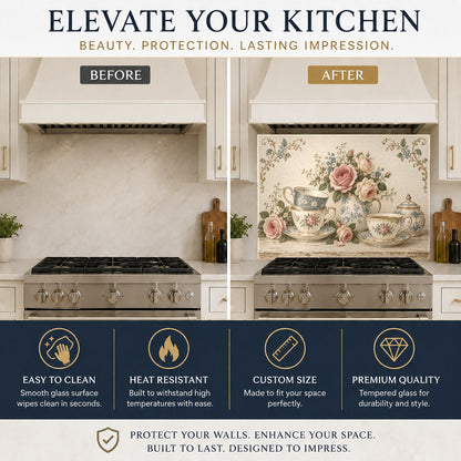 Tempered glass kitchen backsplash featuring vintage roses above the countertop