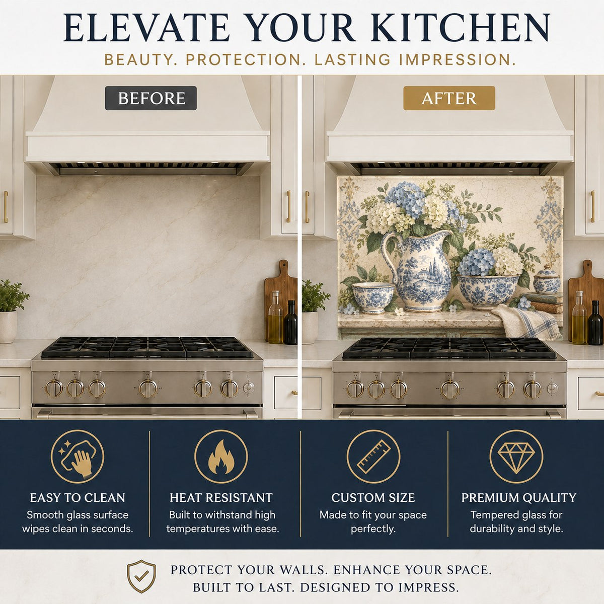Tempered glass kitchen panel featuring blue hydrangeas in a pitcher on an island wall