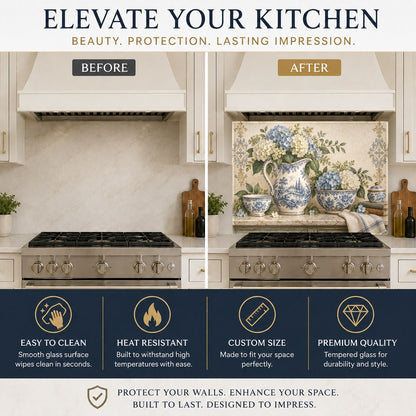 Tempered glass kitchen panel featuring blue hydrangeas in a pitcher on an island wall