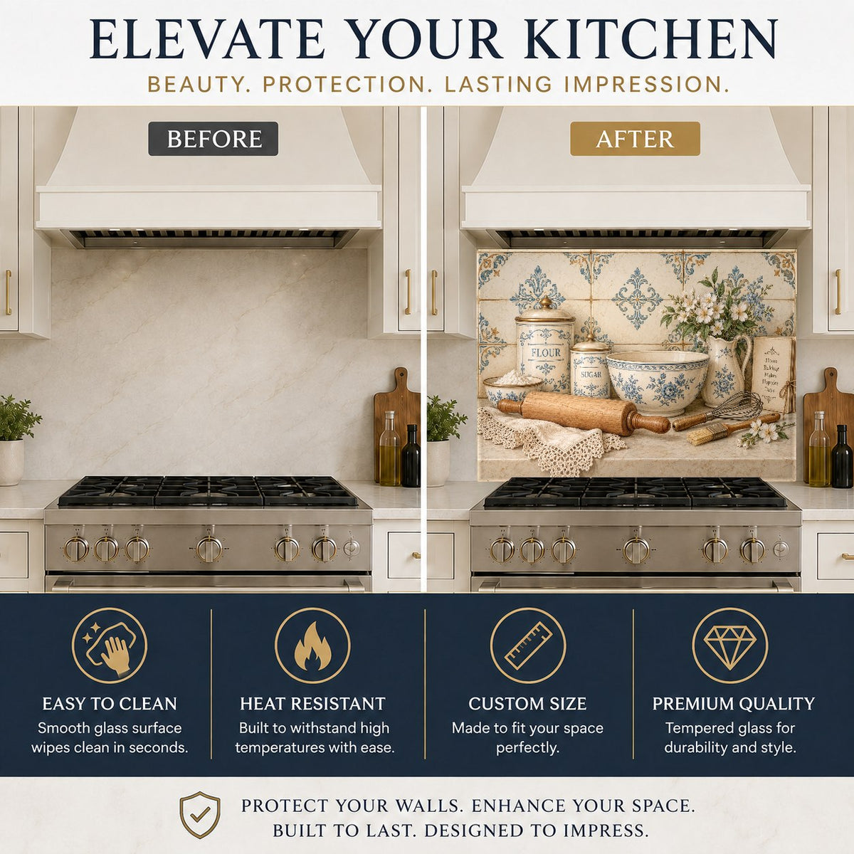Kitchen stove protected by a vibrant Baking Canisters glass backsplash